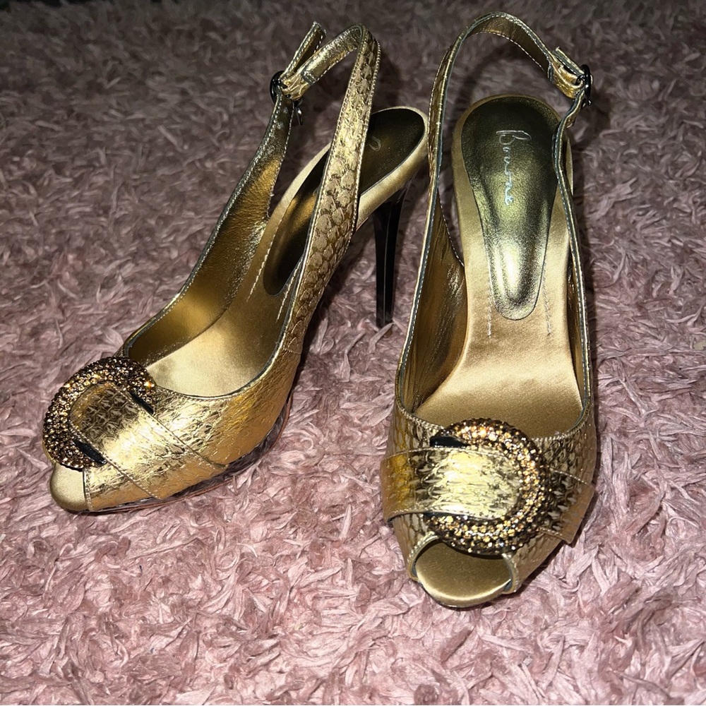 Bourne Bronze Gold Leather Slingback Peep-Toe Heels